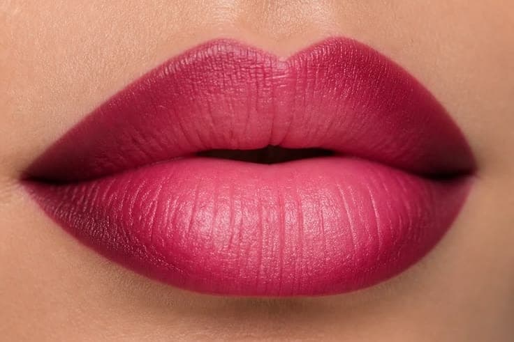 Close-up of full lips with an even, defined colour across the whole lip